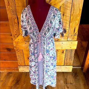 Purple and Pink Flutter Sleeve Sundress with Plunge Neckline